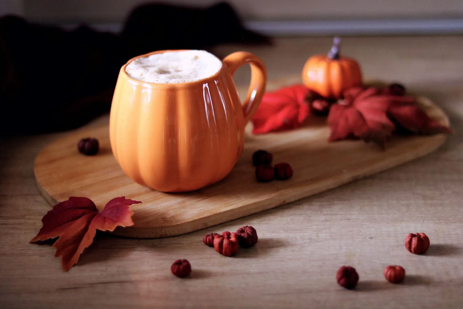 A warm seasonal drink in an autumn setting at a Bay Ridge Brooklyn cafe