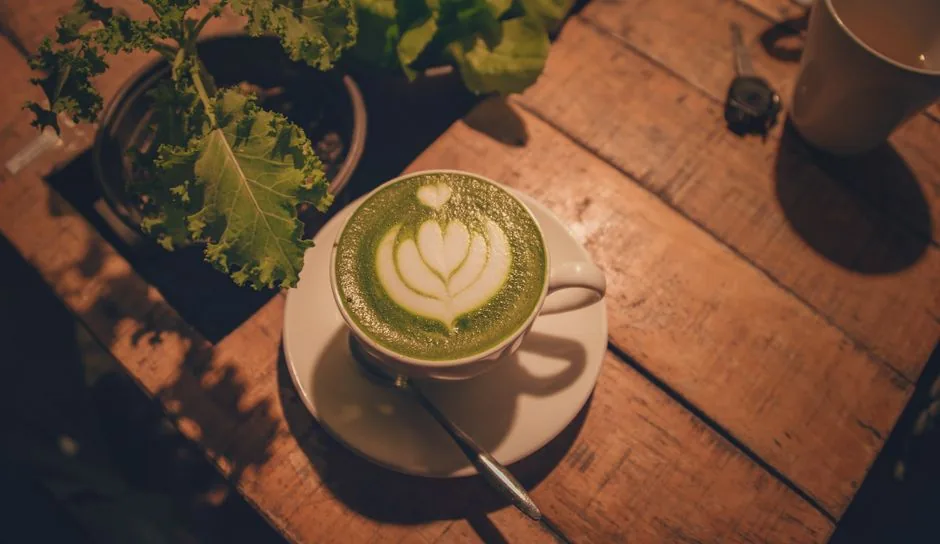 Matcha latte with beautiful foam art in a warm cafe setting